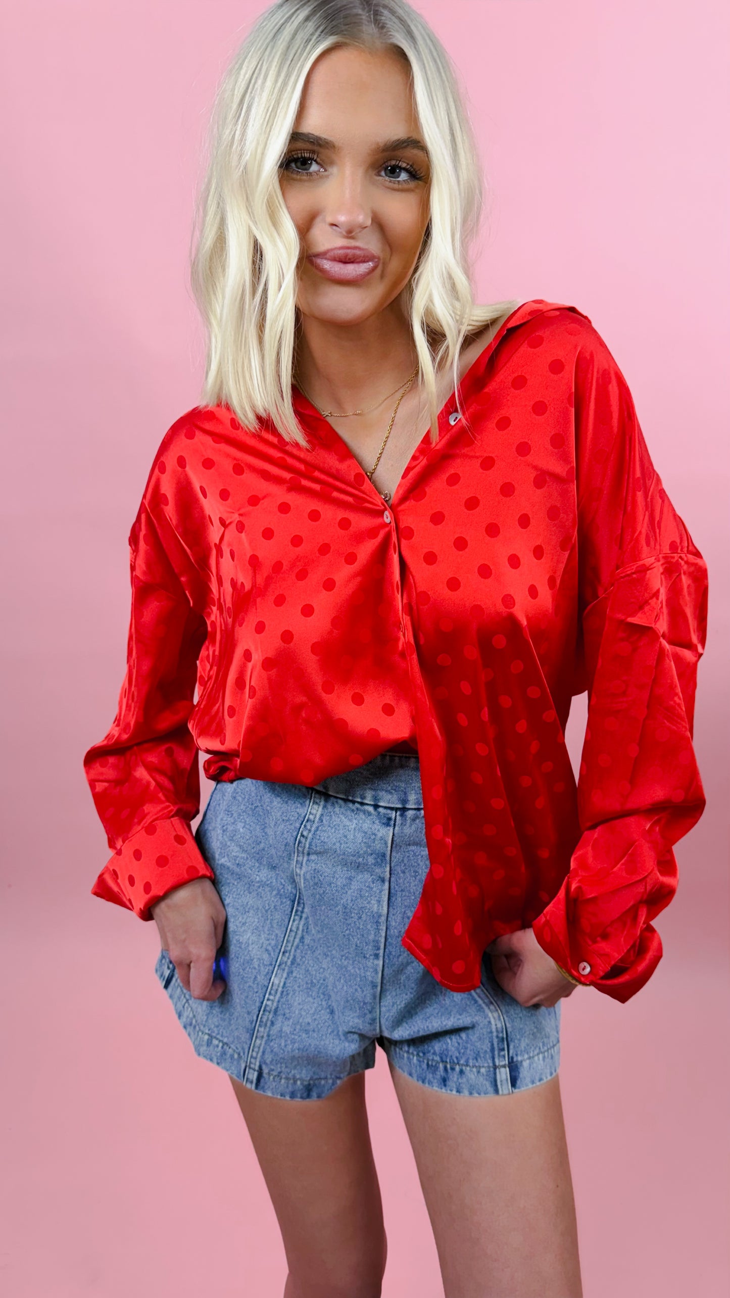 Collared Neck Long Sleeve Dot Print Satin Blouse