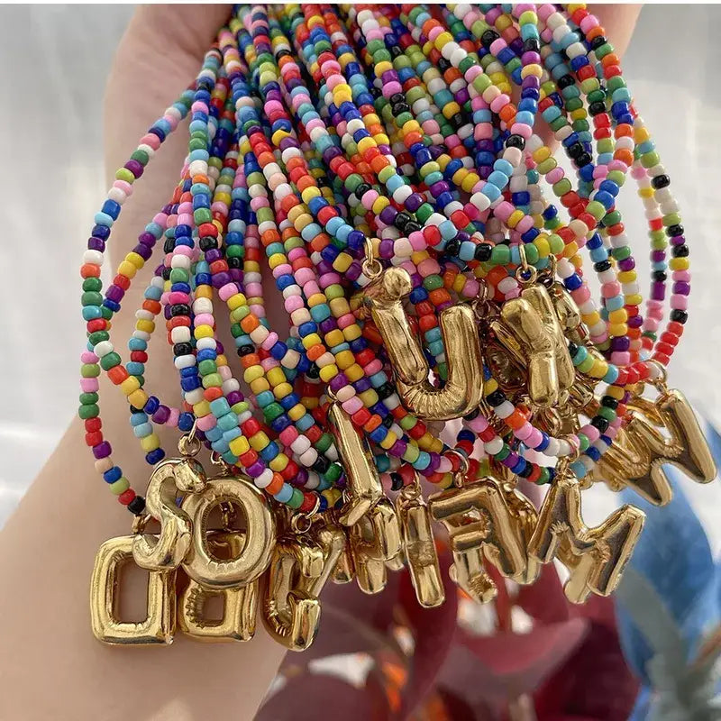 Gold Plated Letter Pendant Beaded Necklace