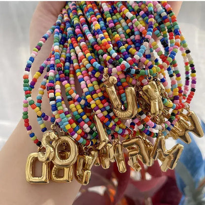 Gold Plated Letter Pendant Beaded Necklace
