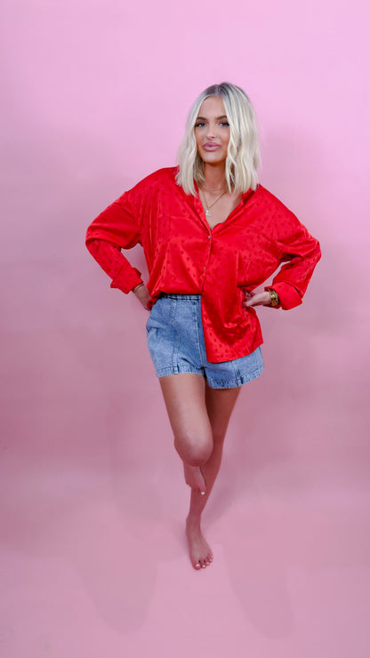 Collared Neck Long Sleeve Dot Print Satin Blouse