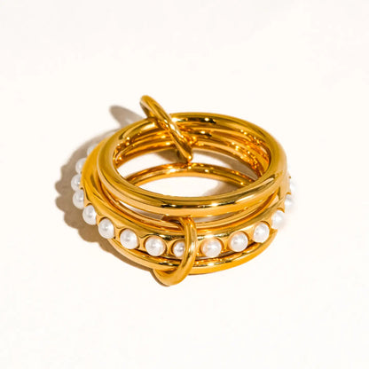 Danton 18K Gold Non-Tarnish Multi Stack Pearl Band Ring