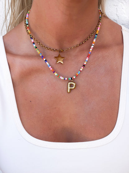 Gold Plated Letter Pendant Beaded Necklace